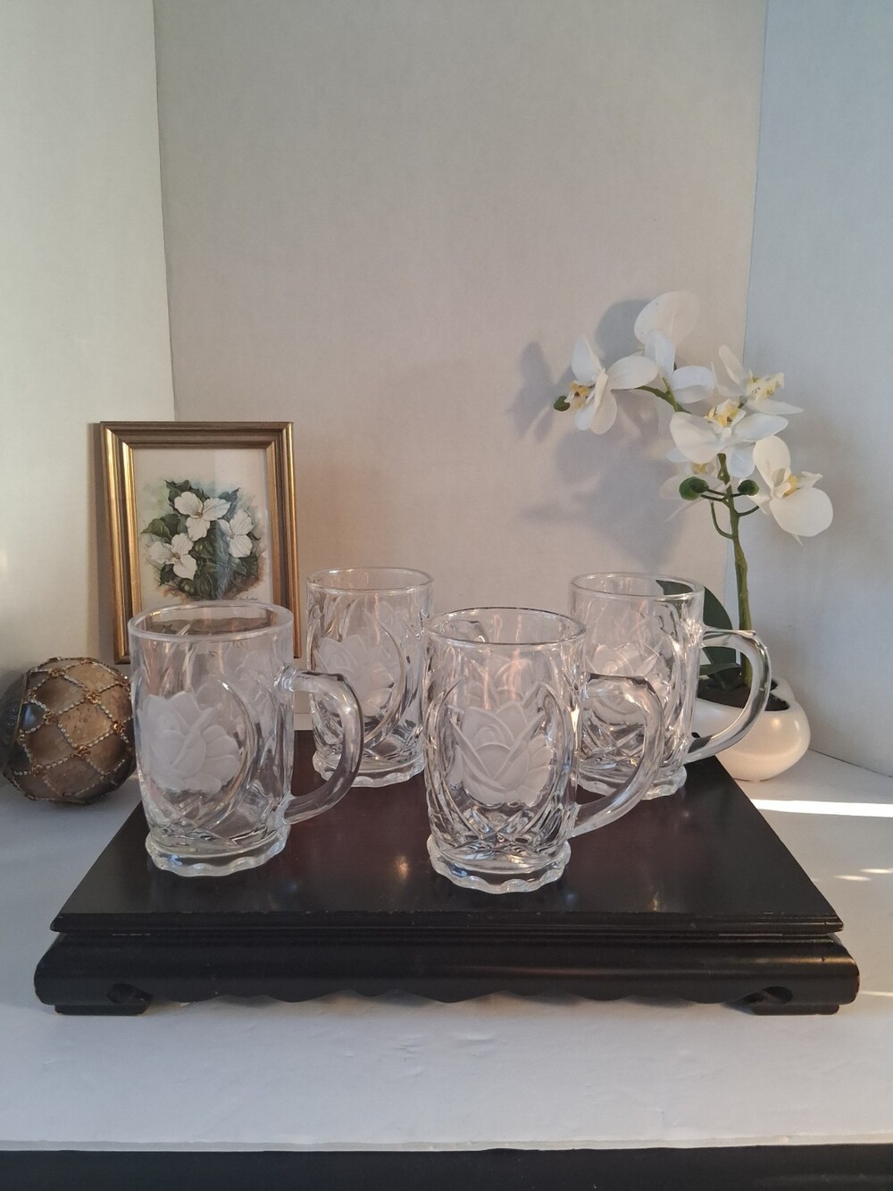 VTG MIKASA Brand "Rose Pearls" Crystal Mugs Set, 4 PC Lot! Clear, EUC/Mint Cond.